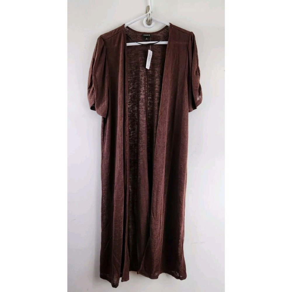 Torrid 2/ 2X Cardigan Slub Duster Ruched Short Sleeves Brown Sheer Casual NWT - Picture 2 of 6